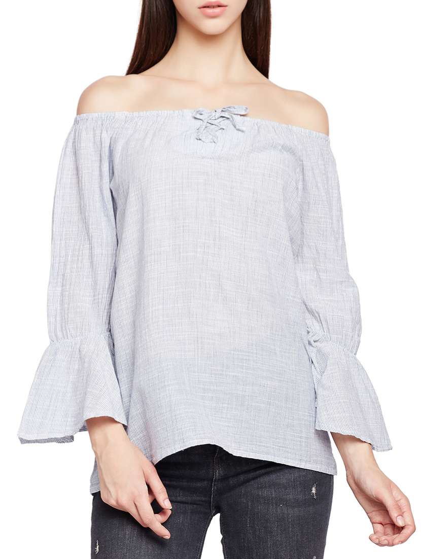 striped off shoulder bell sleeved top - 15165890 -  Zoom Image - 0