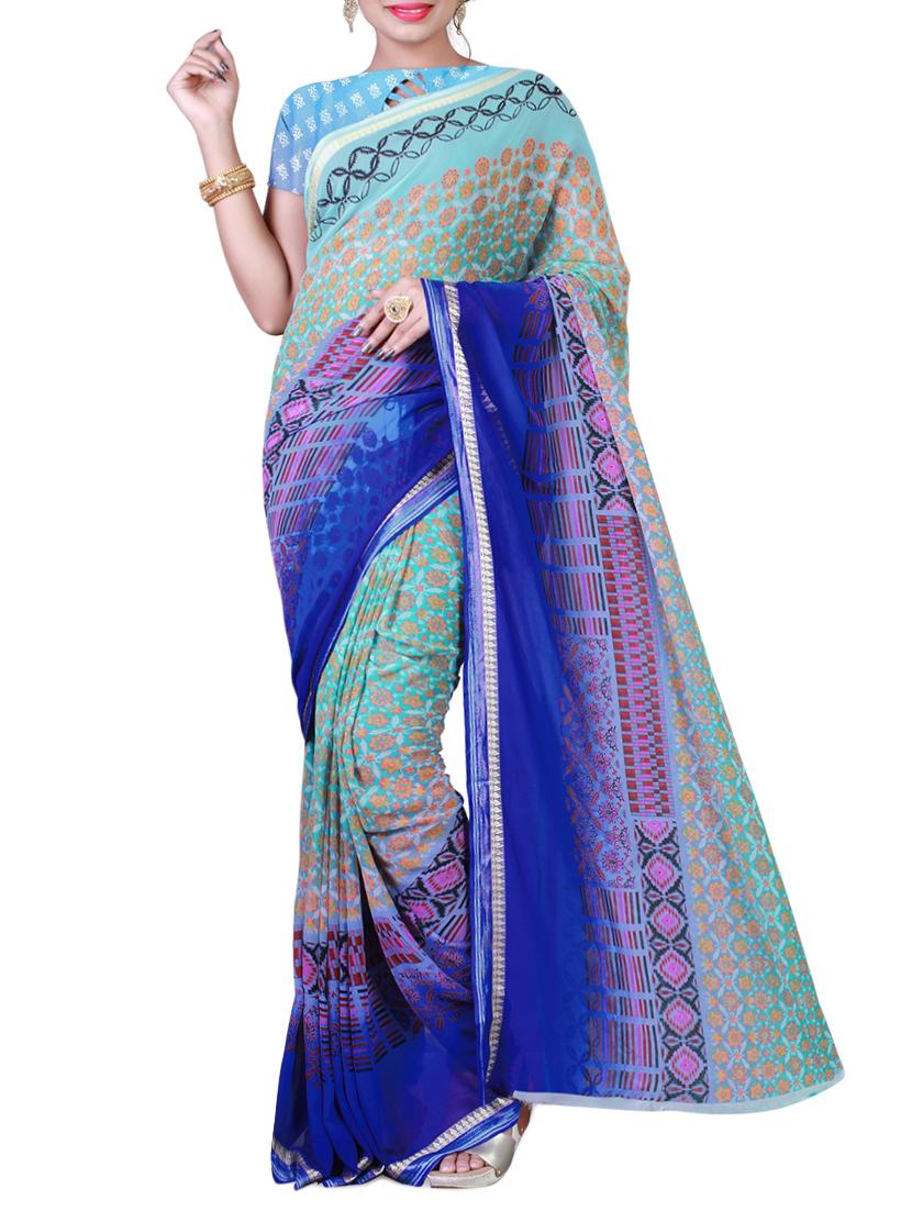 sky blue georgette printed saree with blouse