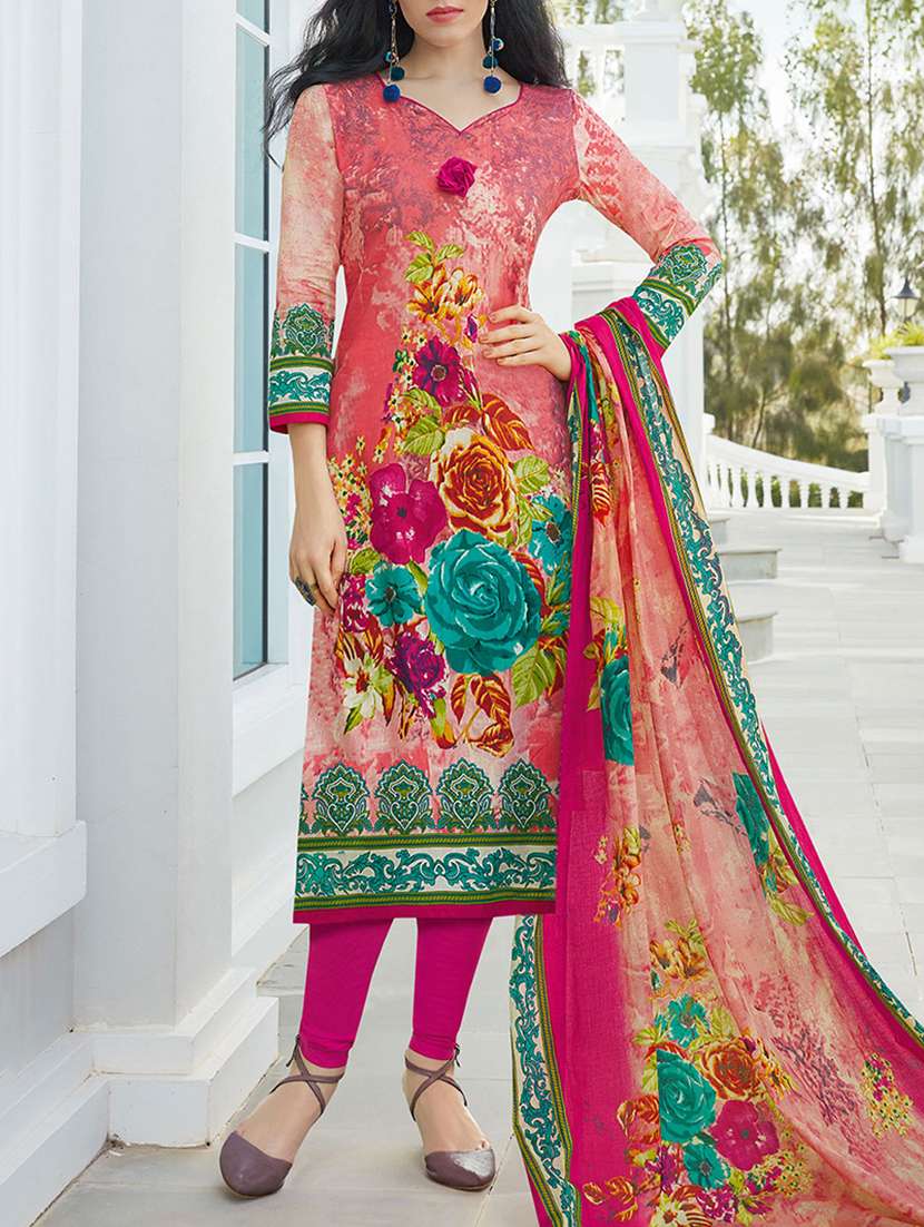 pink cotton unstitched churidaar suitv
