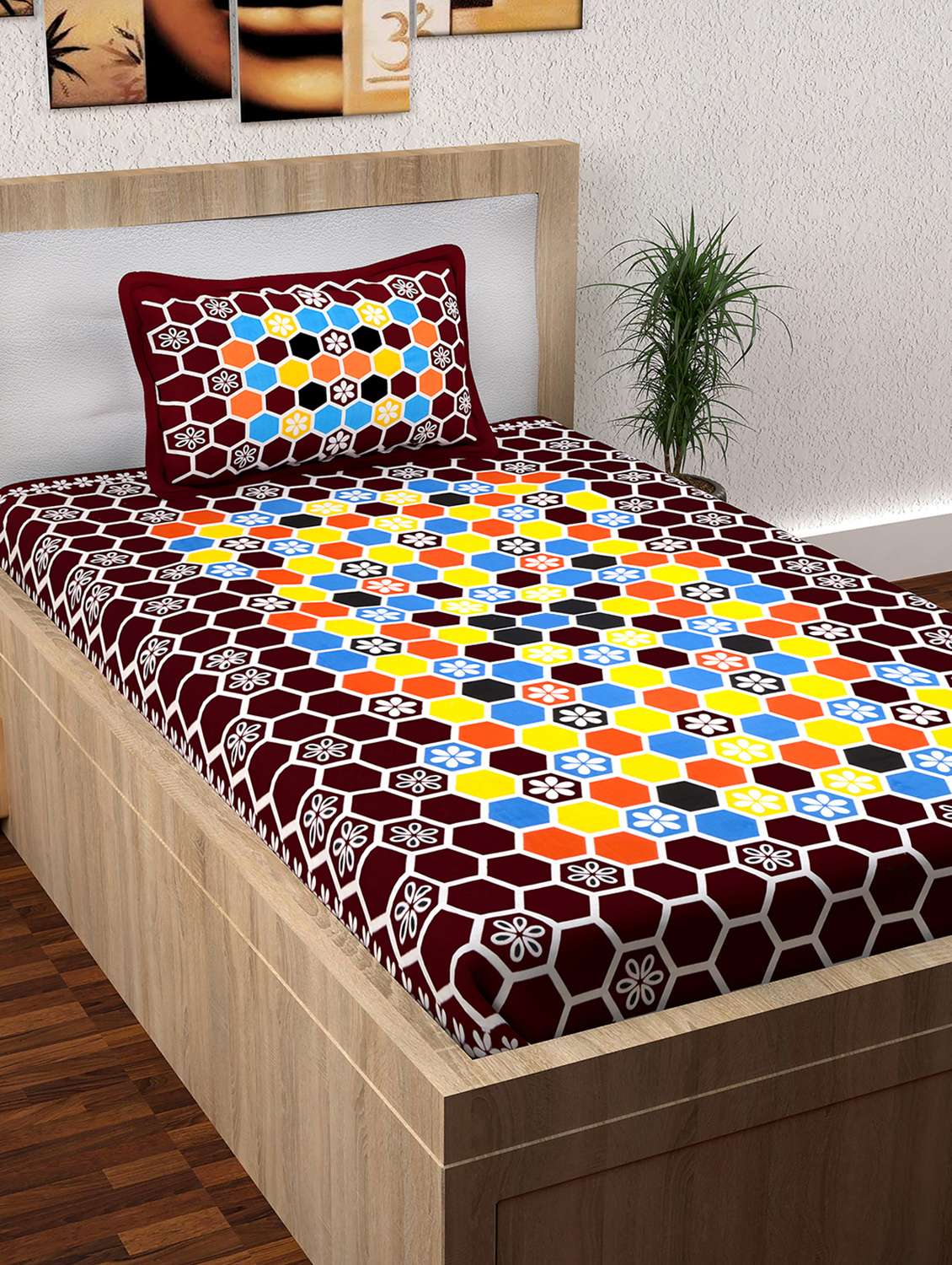 120 tc 100% cotton blue traditional rajashtani single bedsheet with 1 pillow cover