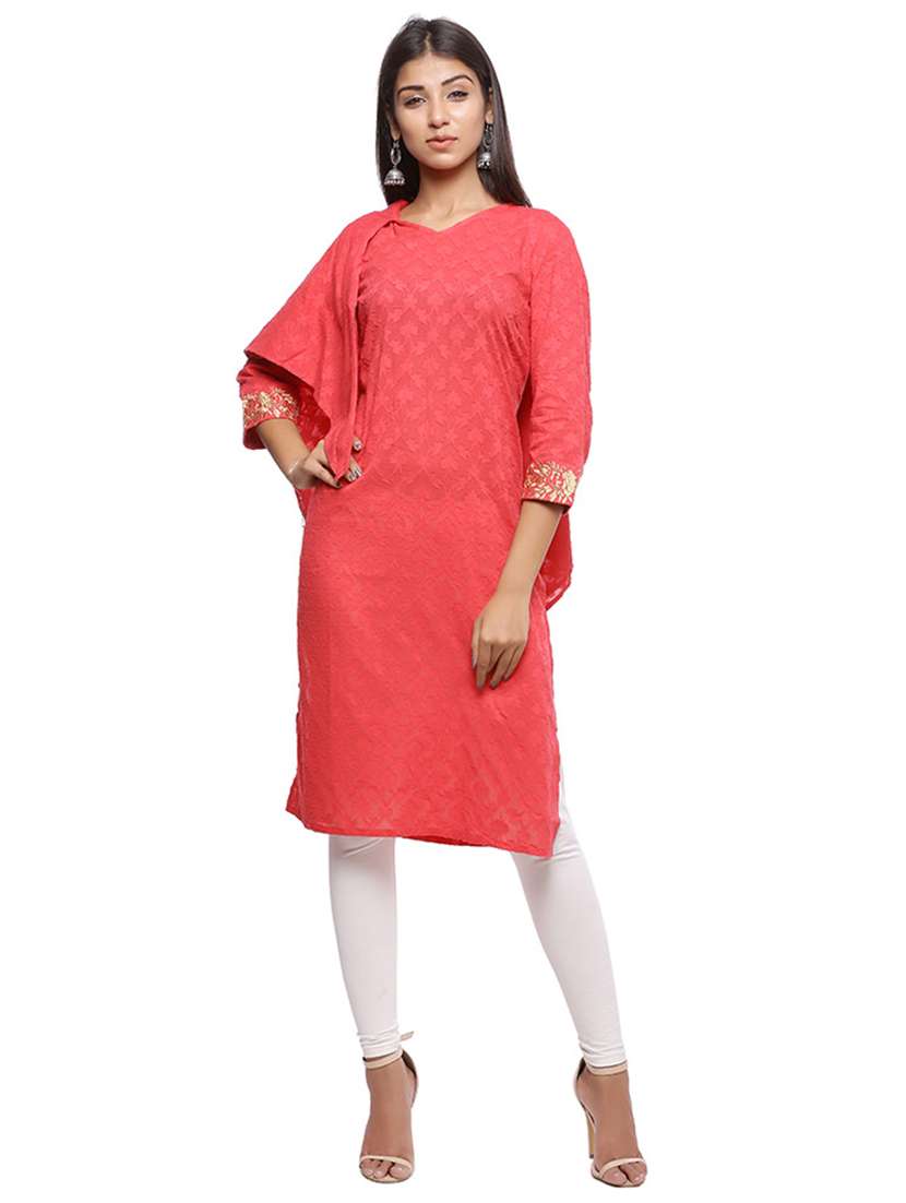 red cotton straight solid kurta