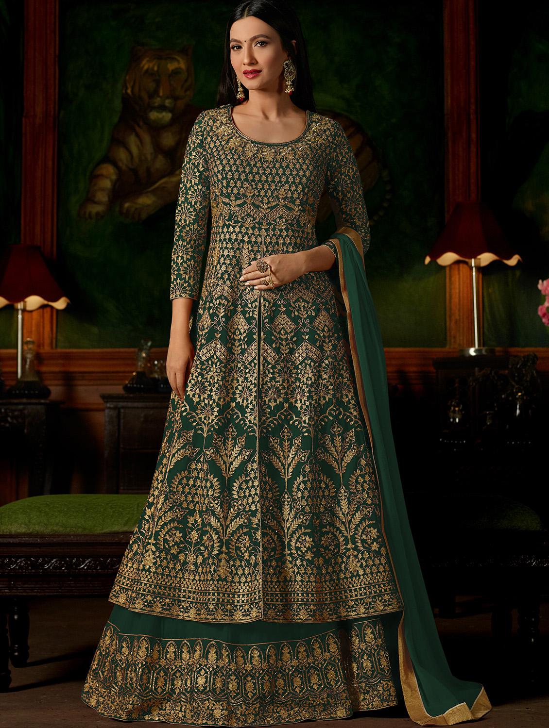 green embroidered semi-stitched anarkali suit - 15173545 -  Zoom Image - 0