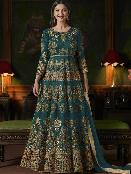 turquoise embroidered semi-stitched anarkali suit - 15173549 - Standard Image - 0