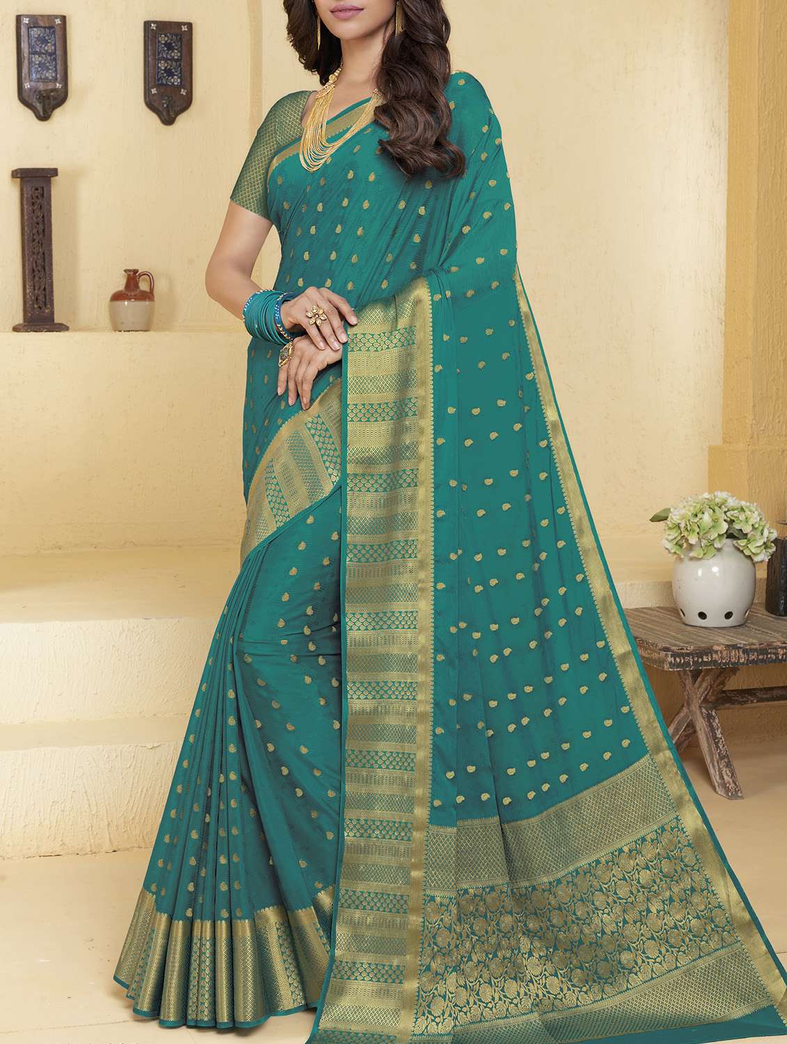 golden zari woven saree with blouse