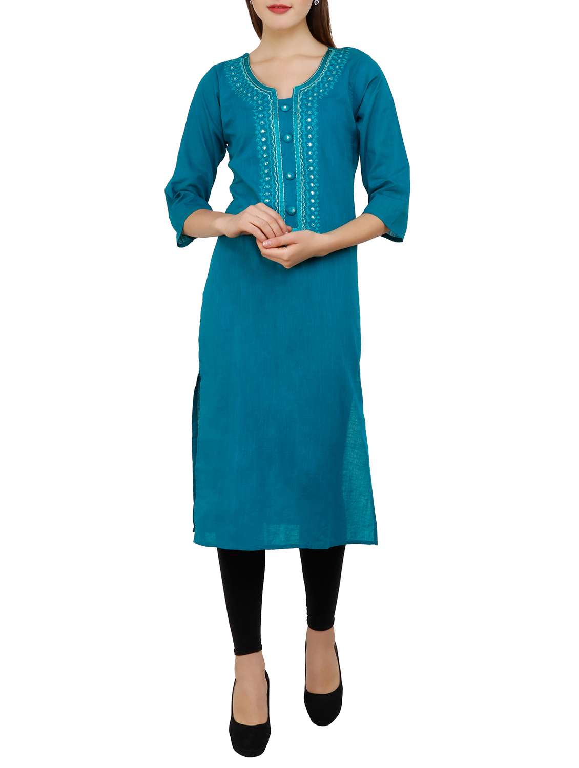 blue cotton straight solid kurta