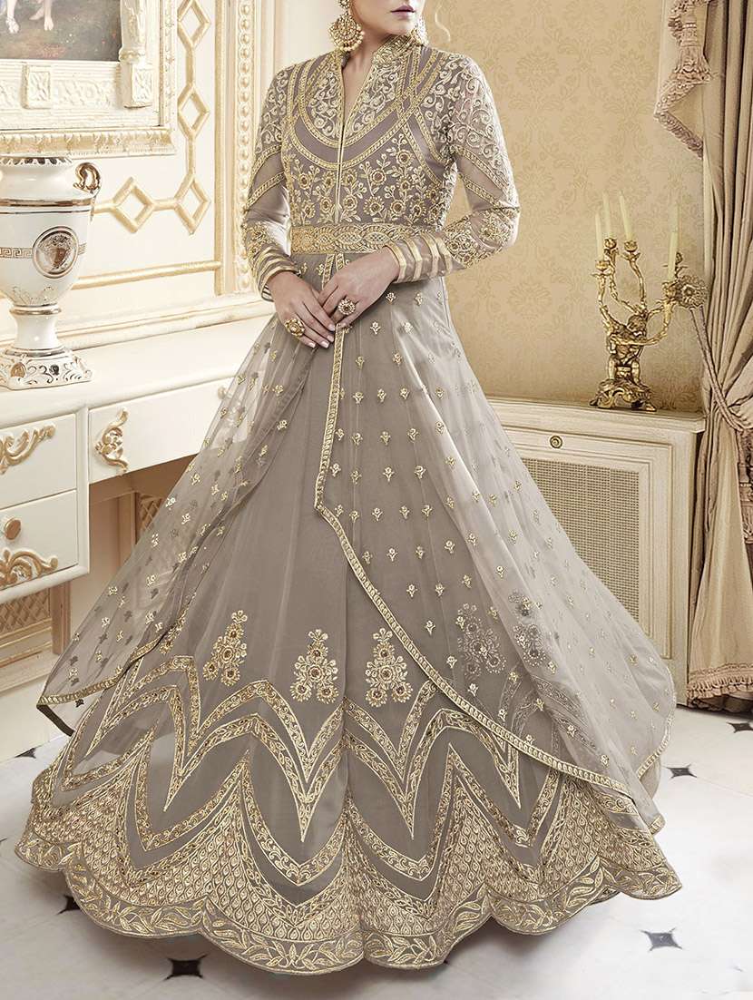 sachin and babi light blue dress Pale Grey Net Anarkali Suit, Indian Designer Suit with Jari & Resham  Embroidery With Stone work Online in UK