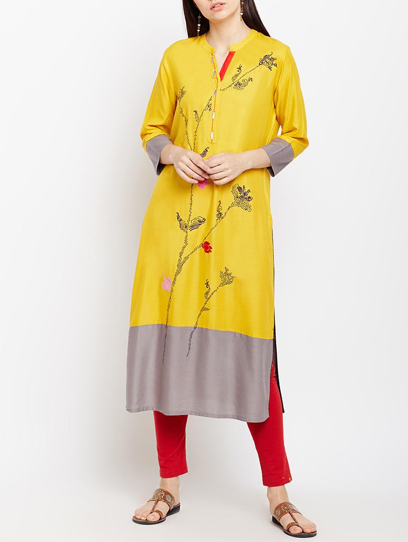 yellow viscose straight kurta - 15189590 - Zoom Image - 0