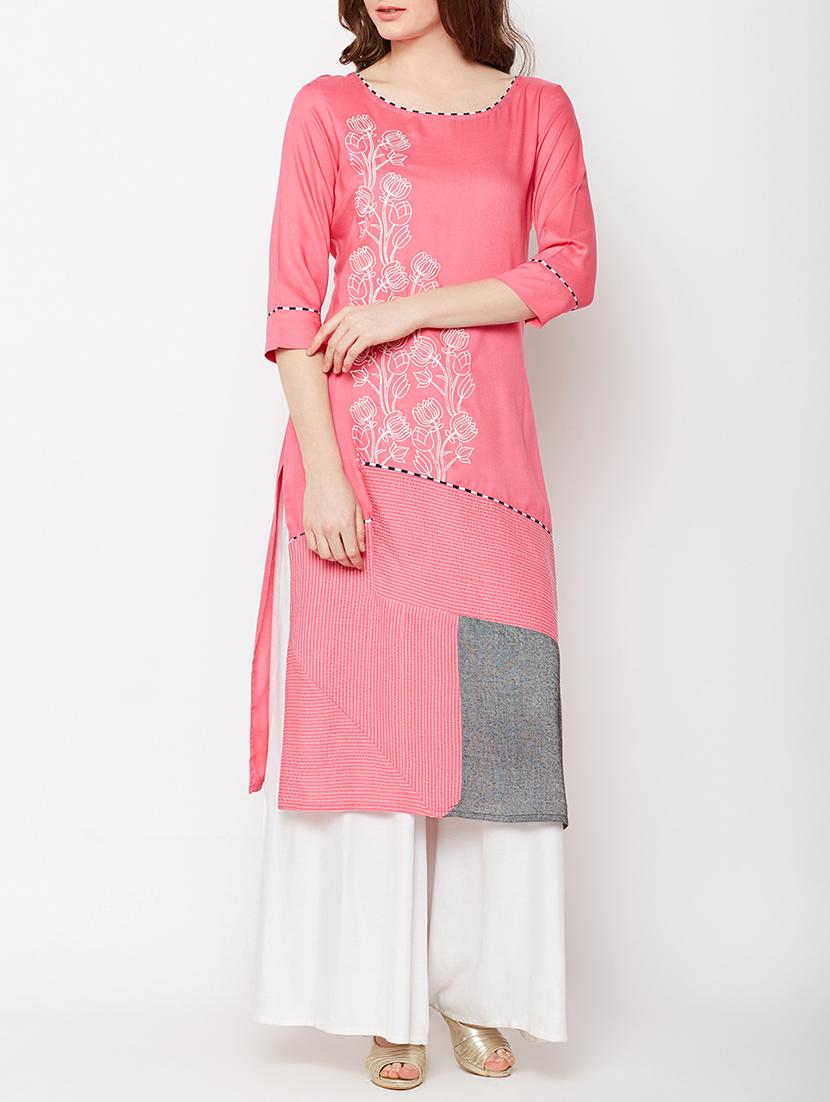 pink rayon straight kurta - 15189597 - Zoom Image - 0