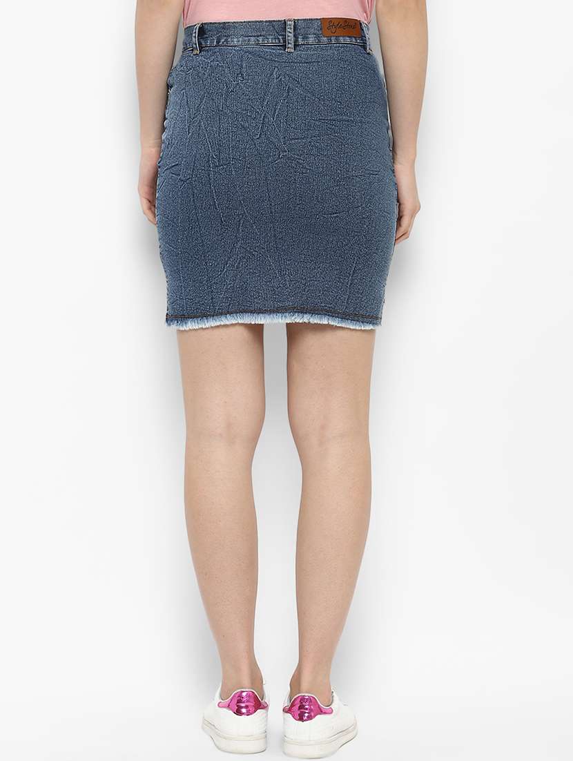 Blue Denim Frayed Skirt