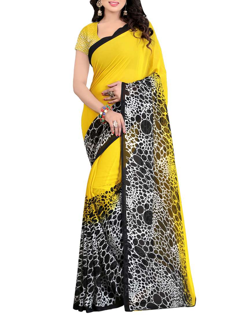 yellow georgette printed saree with blouse