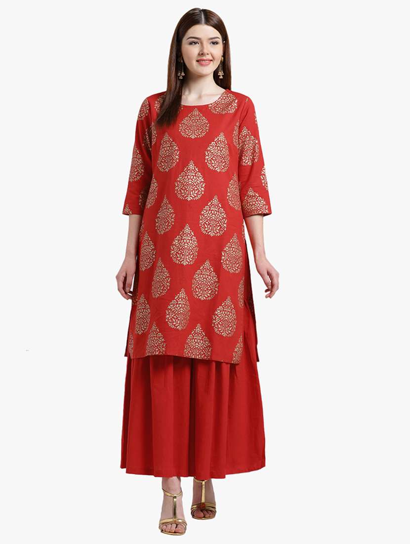 red cotton kurta skirt - 15195190 -  Zoom Image - 0