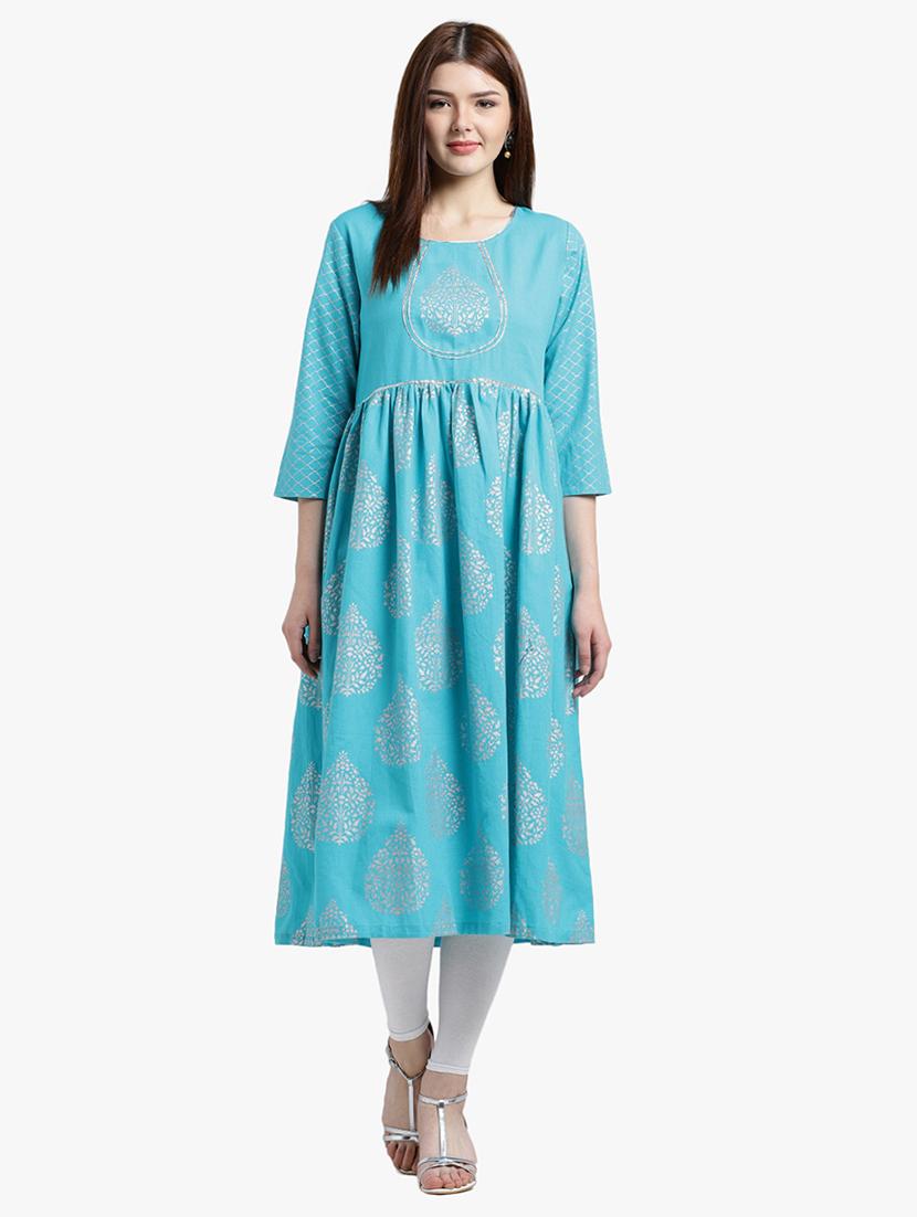 turquoise cotton flared kurta - 15195196 - Zoom Image - 0