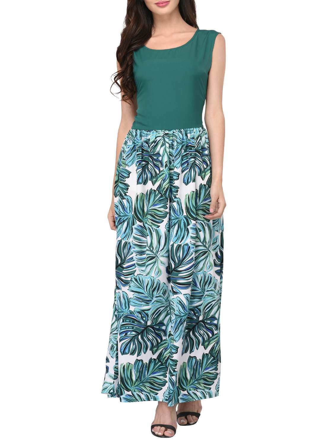 green crepe printed maxi dress