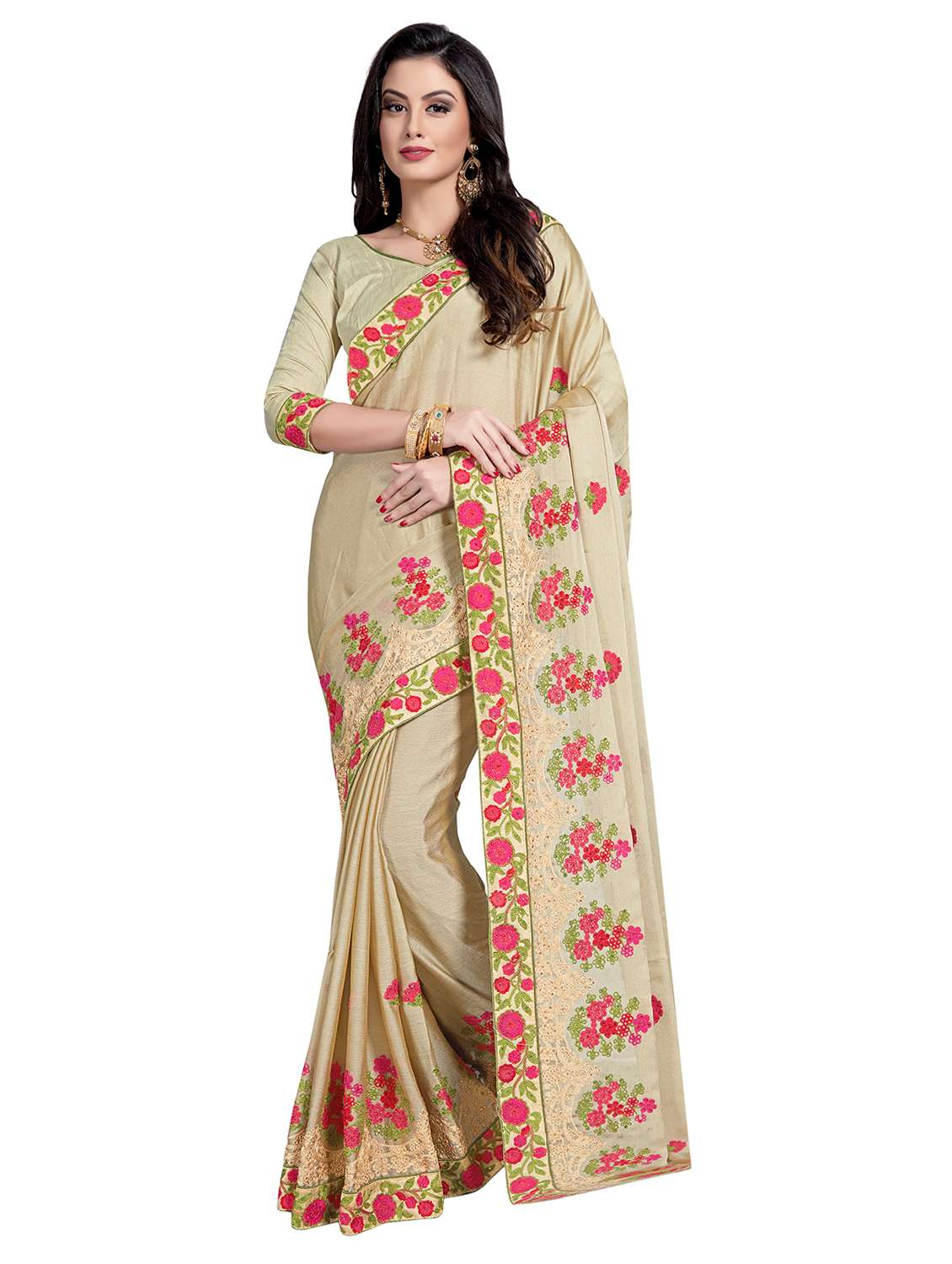 beige chiffon embroidered saree with blouse - 15200140 - Zoom Image - 0