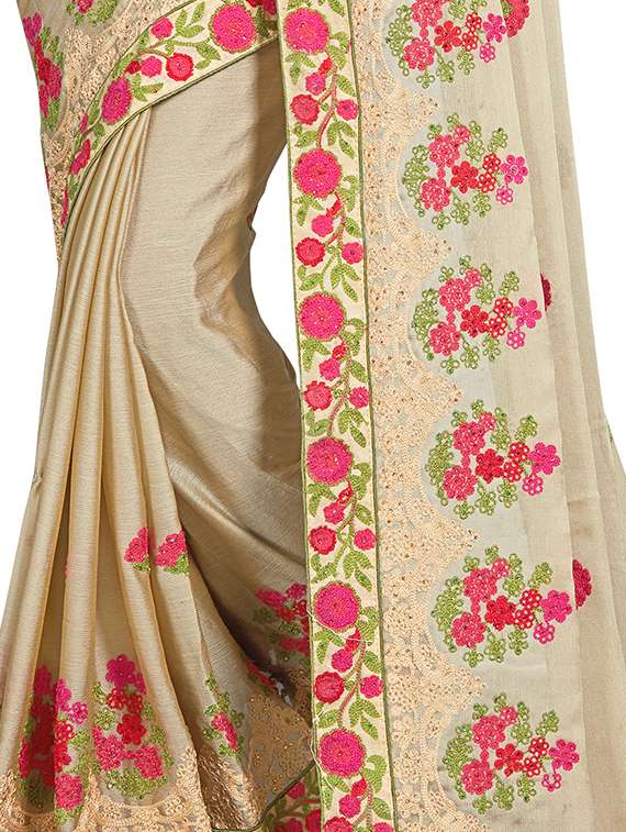 beige chiffon embroidered saree with blouse - 15200140 - Standard Image - 3
