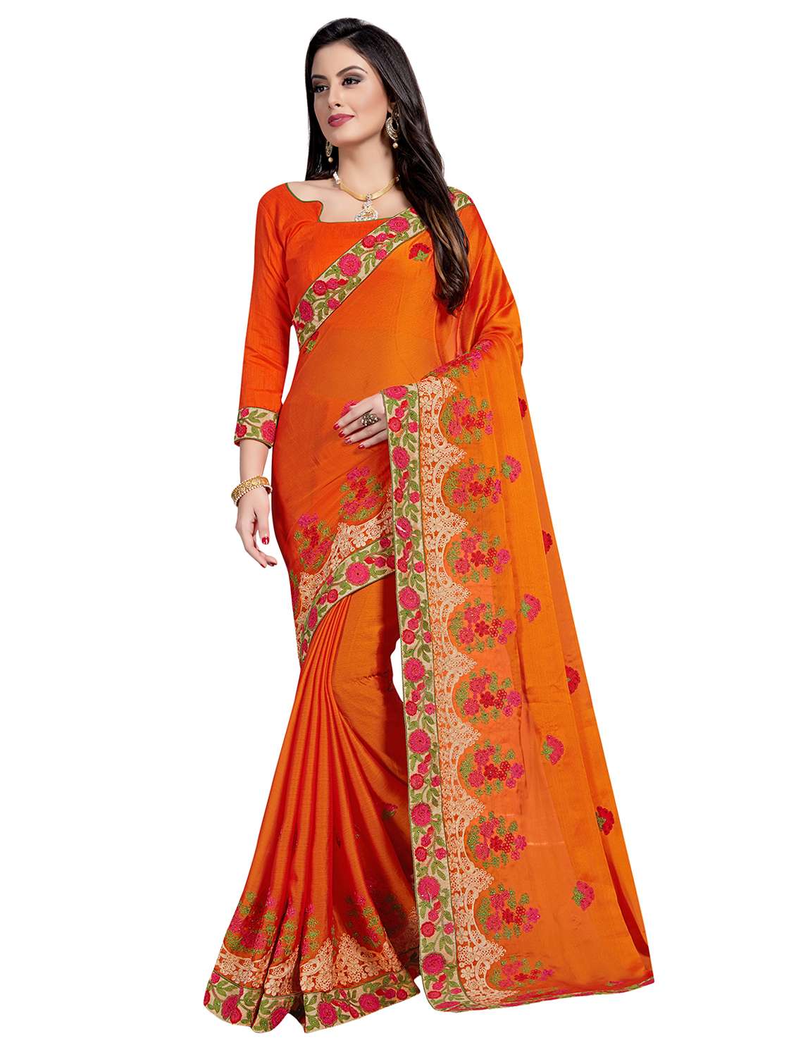 orange chiffon embroidered saree with blouse - 15200145 - Zoom Image - 0