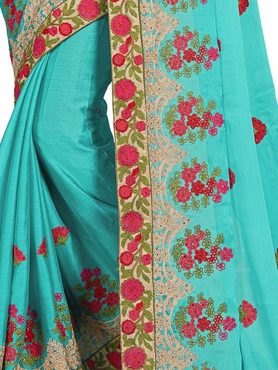 turquoise embroidered saree with blouse - 15200147 -  Standard Image - 3