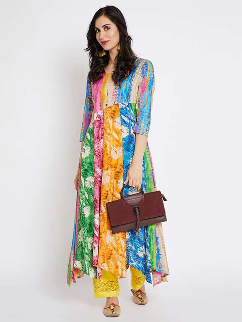 yellow cotton asymmetric kurta - 15201843 - Standard Image - 0