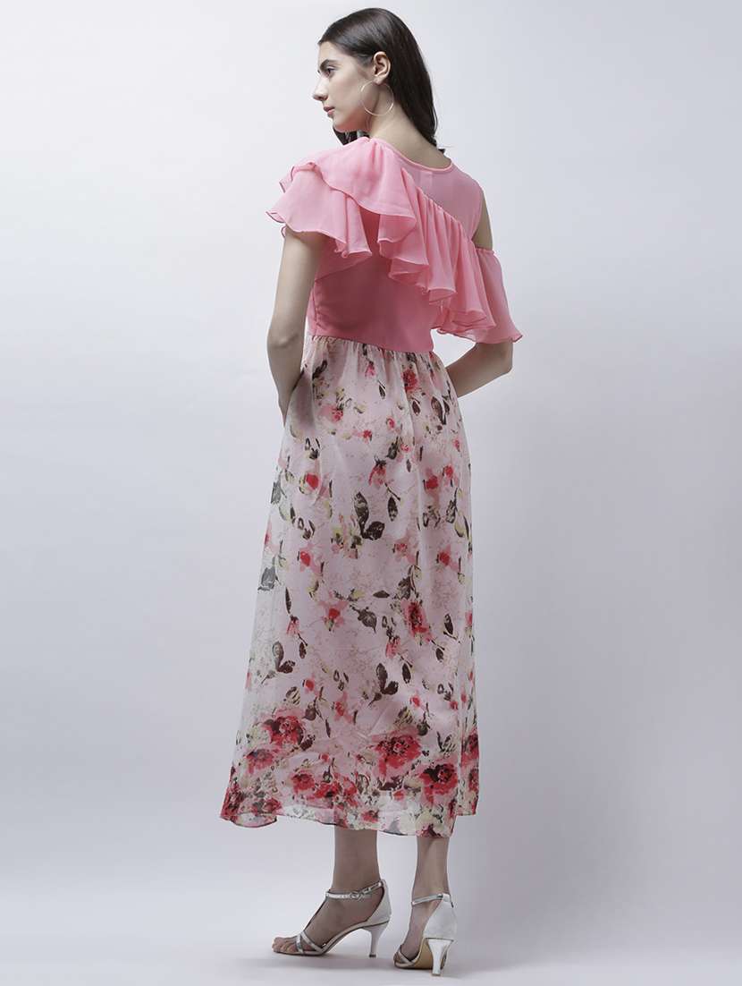 pink floral single cold shoulder ruffle dress - 15202554 -  Standard Image - 3