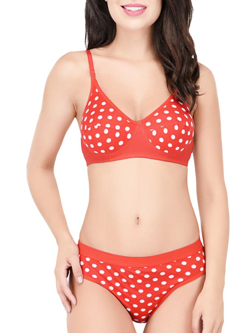 orange polka dotted hosery bras and panty set - 15203842 -  Zoom Image - 0