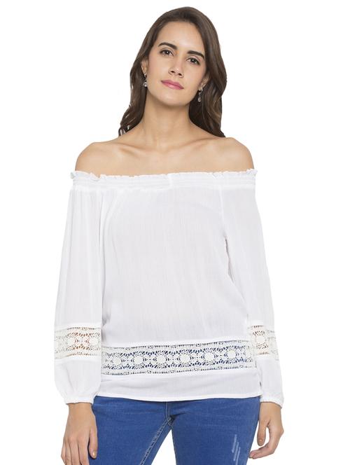 lace insert off shoulder top - 15205515 - Standard Image - 0