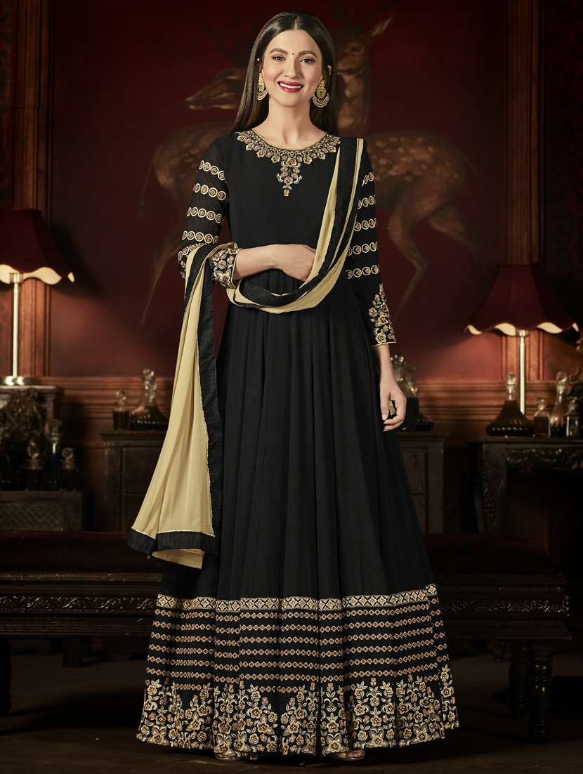 black embroidered semi-stitched anarkali suit
