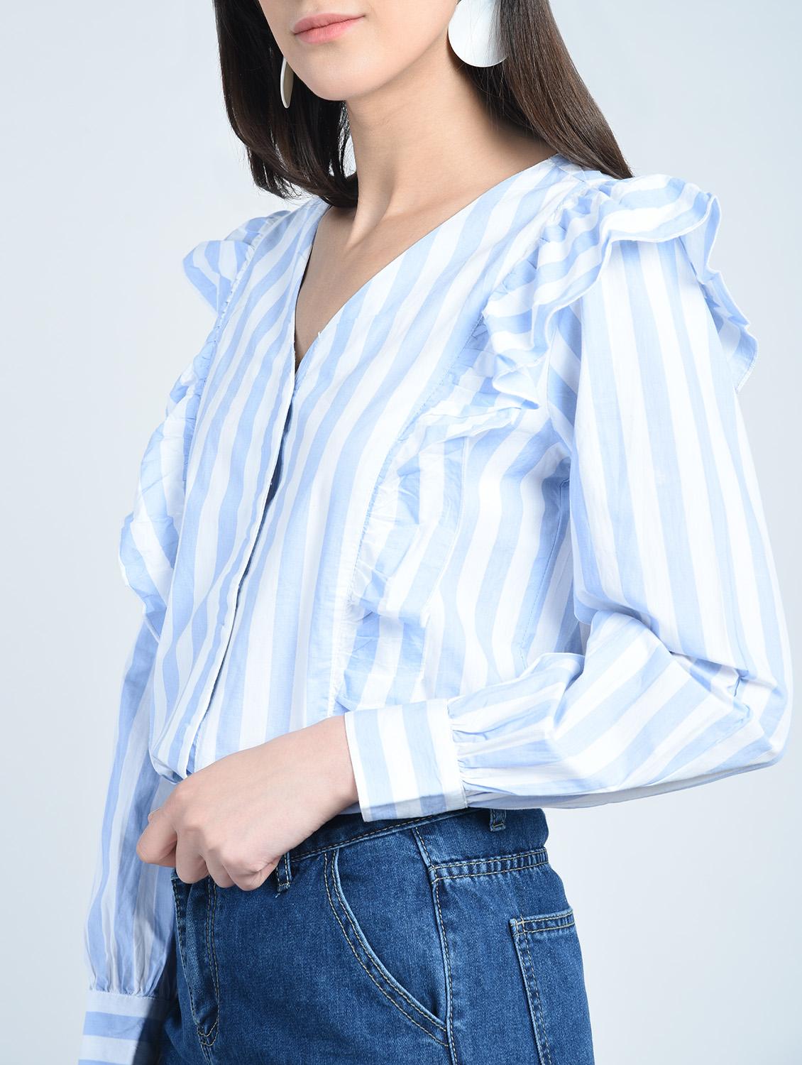 Light Blue Striped Cotton Ruffled Top By Bohobi Light Blue Striped Cotton Ruffled Top By Bohobi Ping For Tops In India 15208920