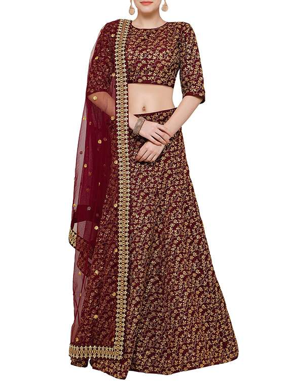 maroon silk flared lehenga