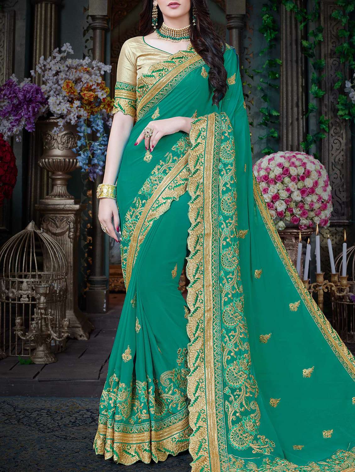 turquoise georgette embroidered saree with blouse