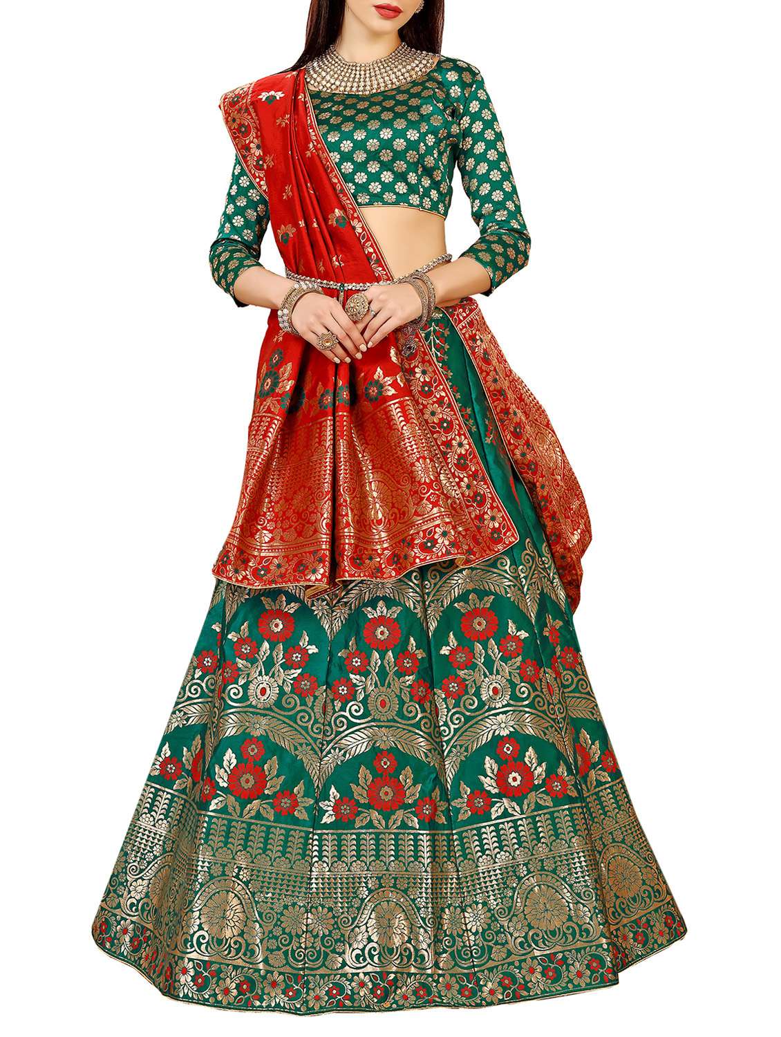 green silk flared lehenga