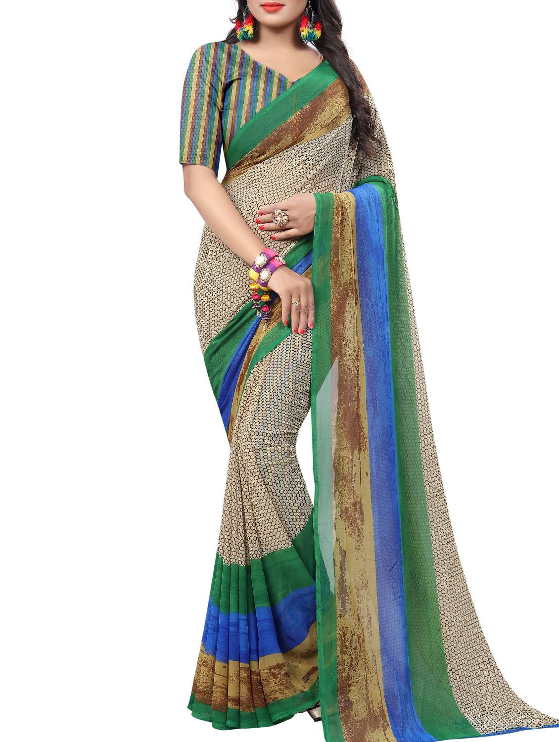 beige georgette printed saree with blouse