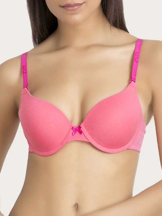pink solid cotton push up bra