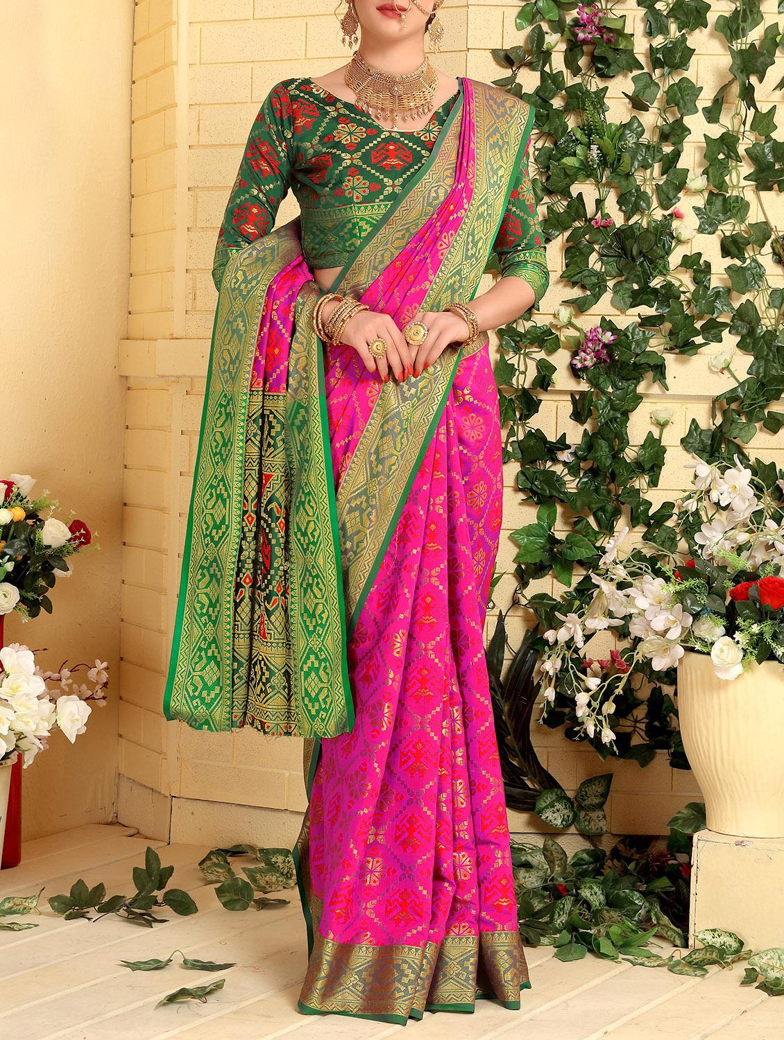 pink patola silk saree with blouse - 15227217 - Zoom Image - 0