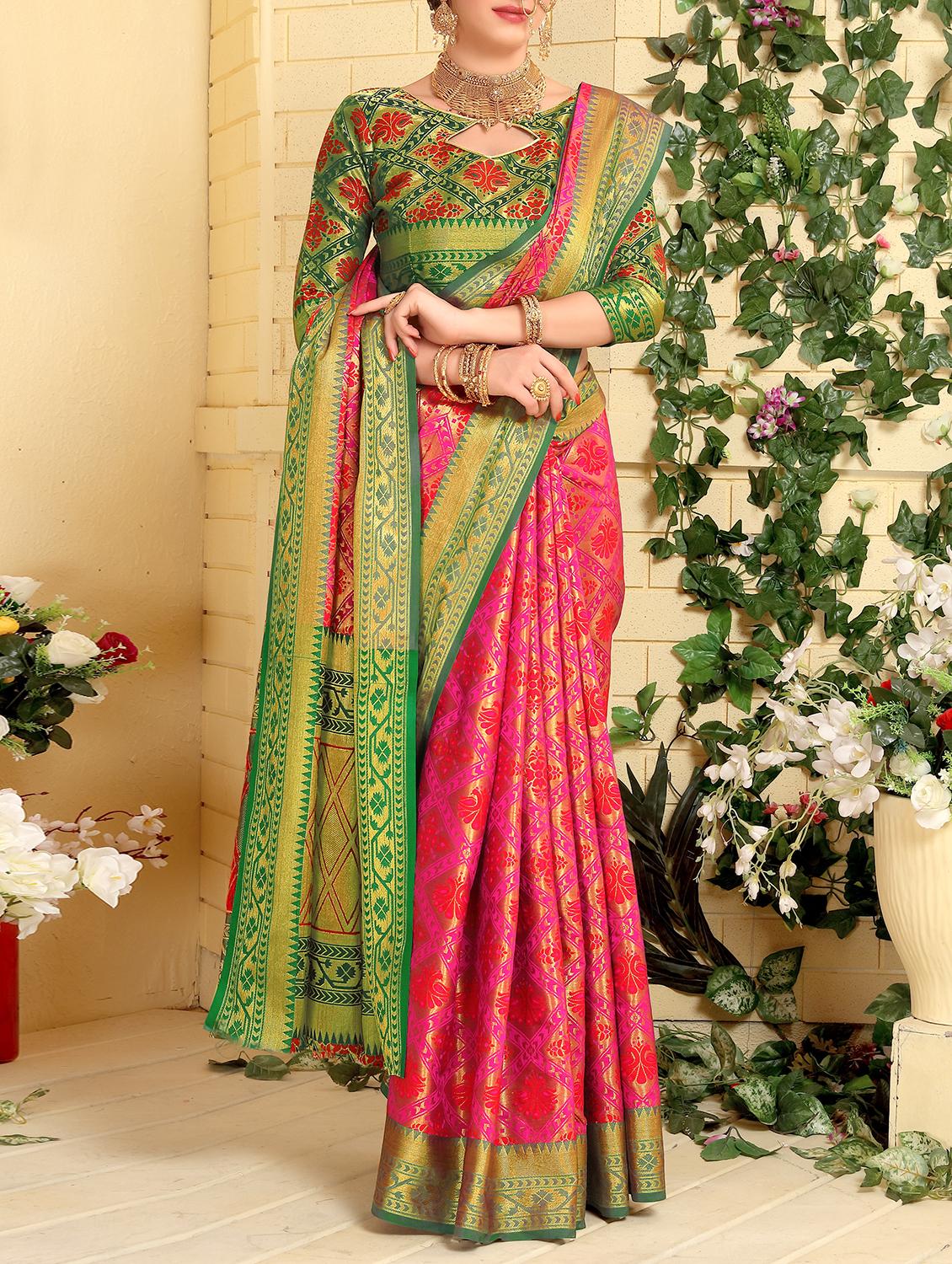 pink patola silk saree with blouse - 15227218 -  Zoom Image - 0