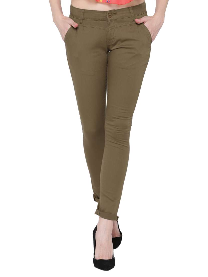 olive green solid cotton trouser