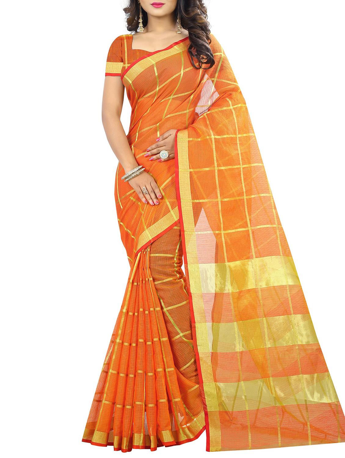 orange cotton woven saree with blouse - 15231320 - Zoom Image - 0