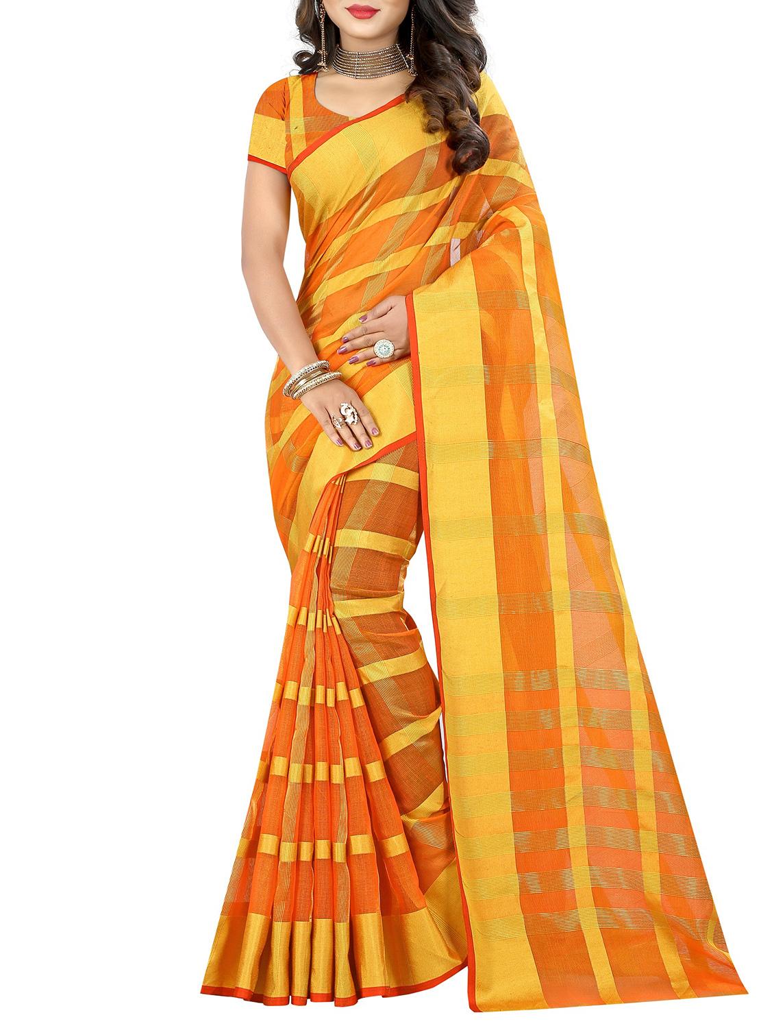 orange cotton woven saree with blouse - 15231325 - Zoom Image - 0