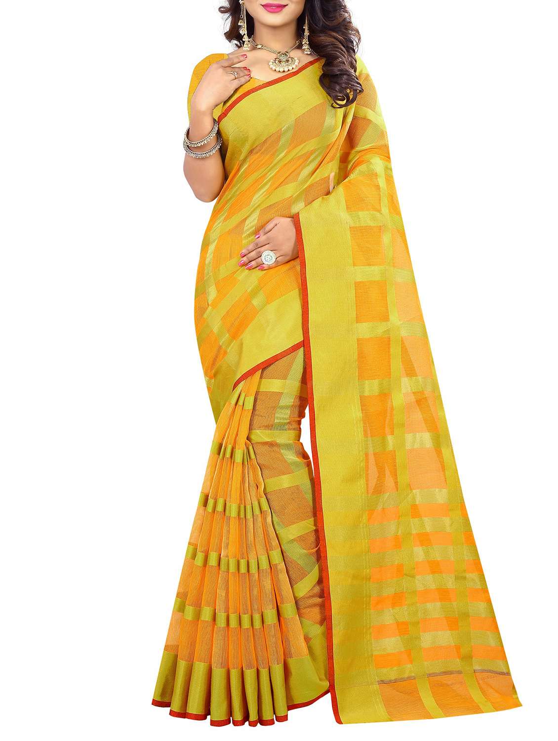 yellow cotton woven saree with blouse - 15231329 - Zoom Image - 0