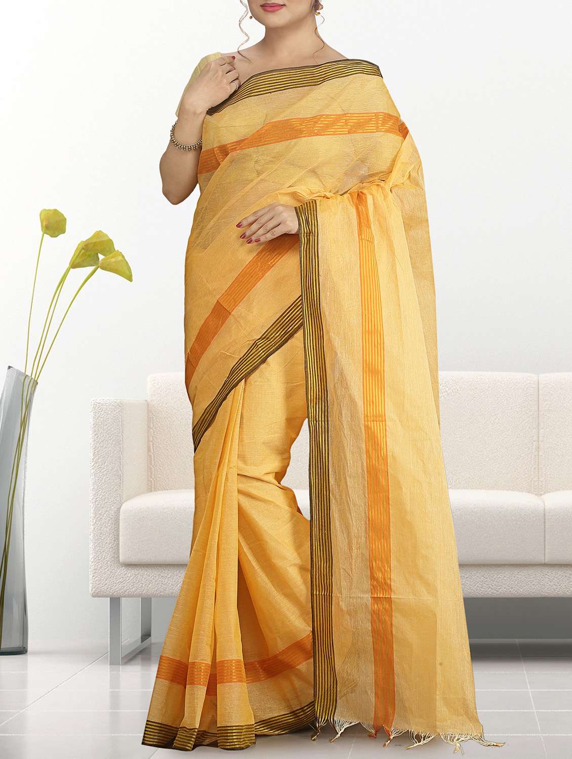 yellow cotton tant saree
