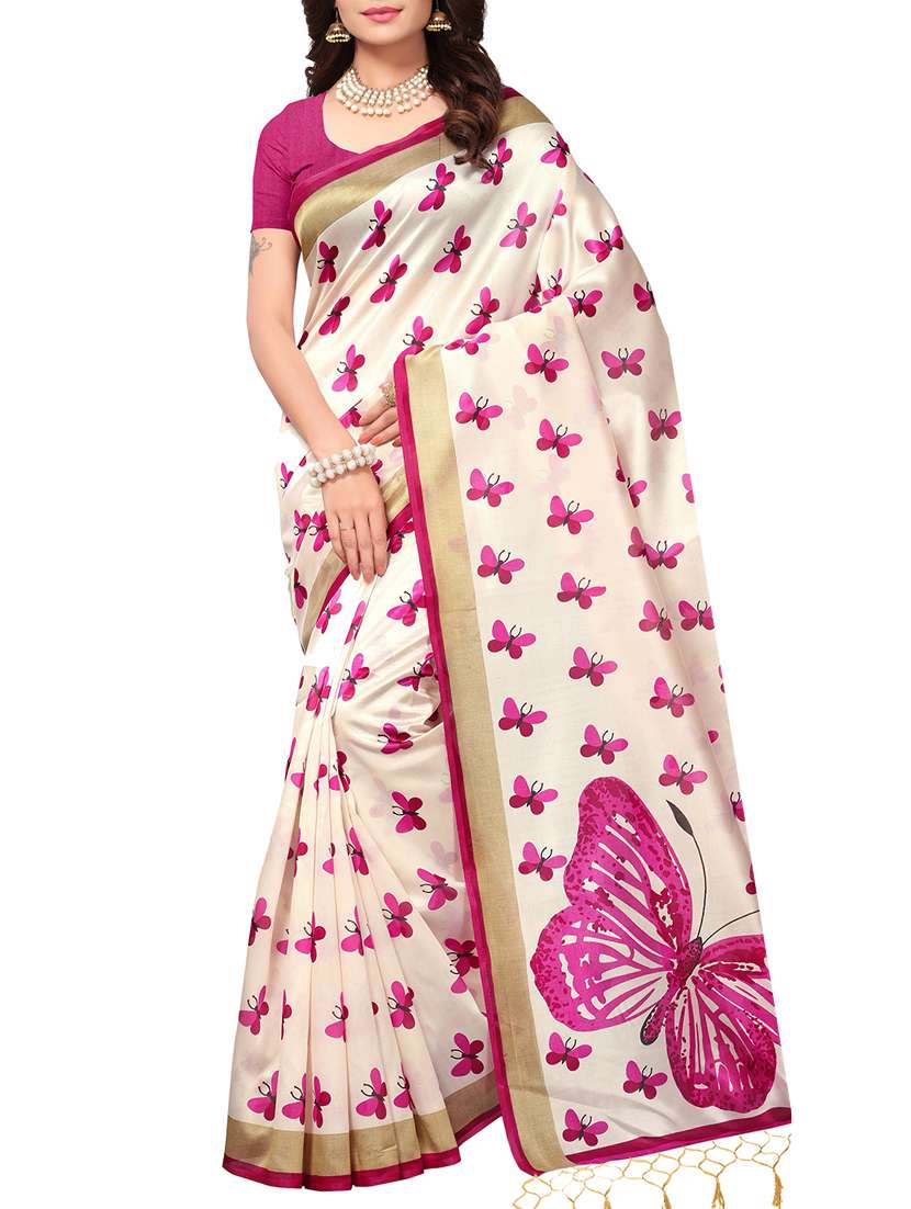 cream art silk printed saree with blouse