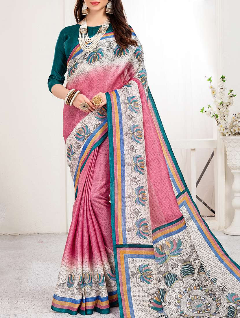 pink khadi silk printed saree with blouse