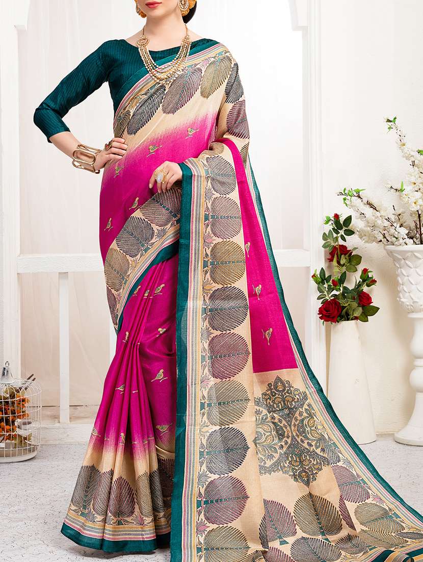 magenta khadi silk printed saree with blouse