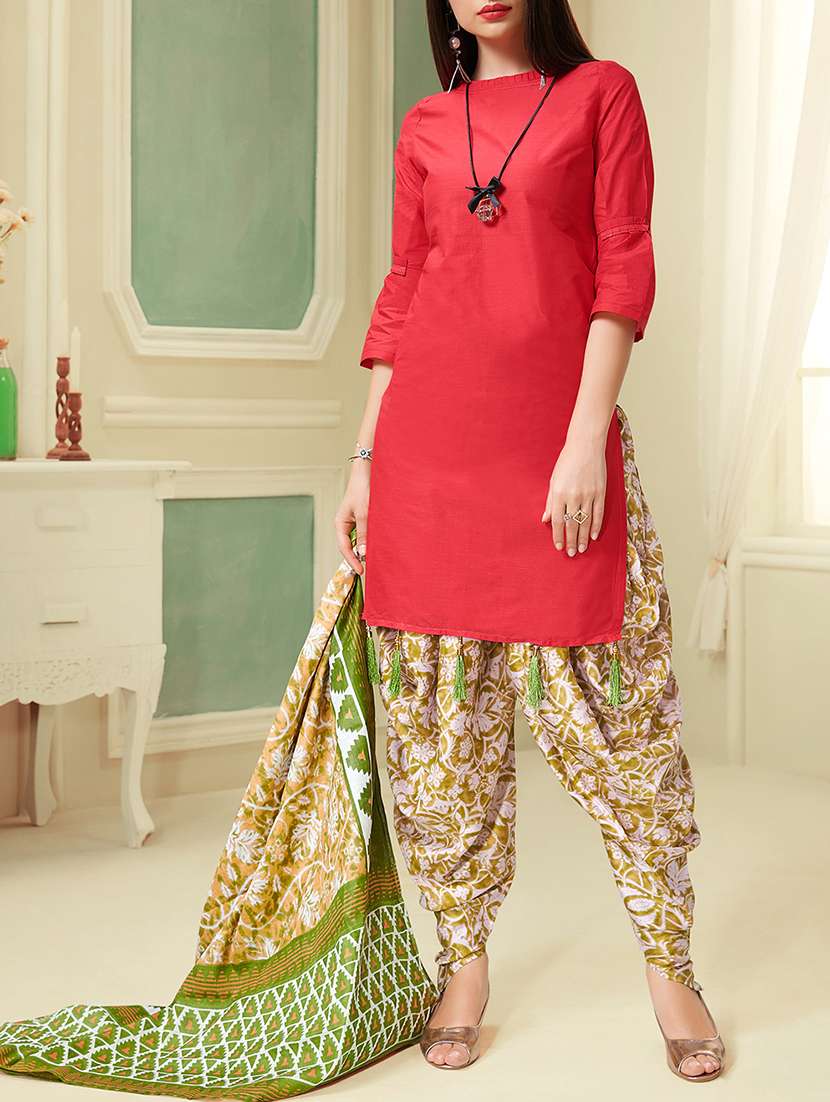 red cotton unstitched patiyalal suit