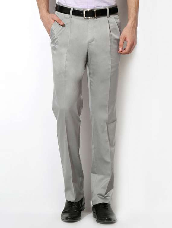 Buy online Grey Cotton Blend Pleated Formal Trouser from Bottom