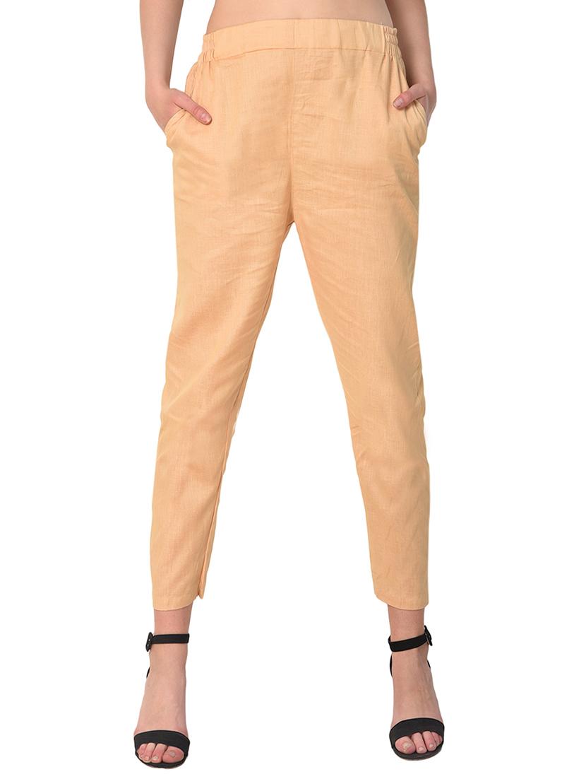 beige solid cotton flat front trouser - 15254133 - Zoom Image - 0