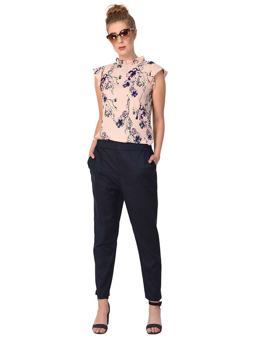 navy blue solid cotton flat front trouser - 15254143 -  Standard Image - 3