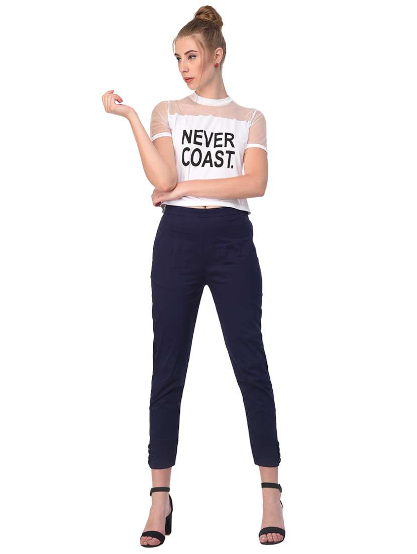 dark blue solid flat front trouser - 15254233 - Standard Image - 3
