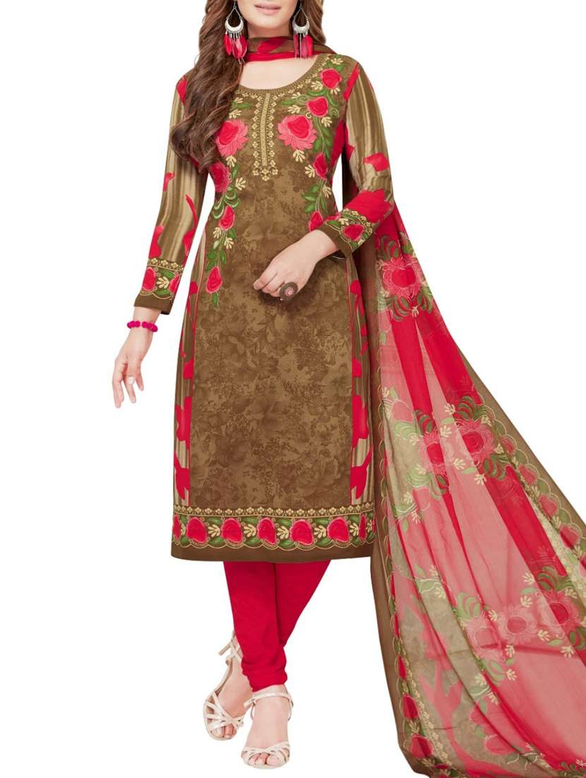 brown synthetic unstitched churidaar suit