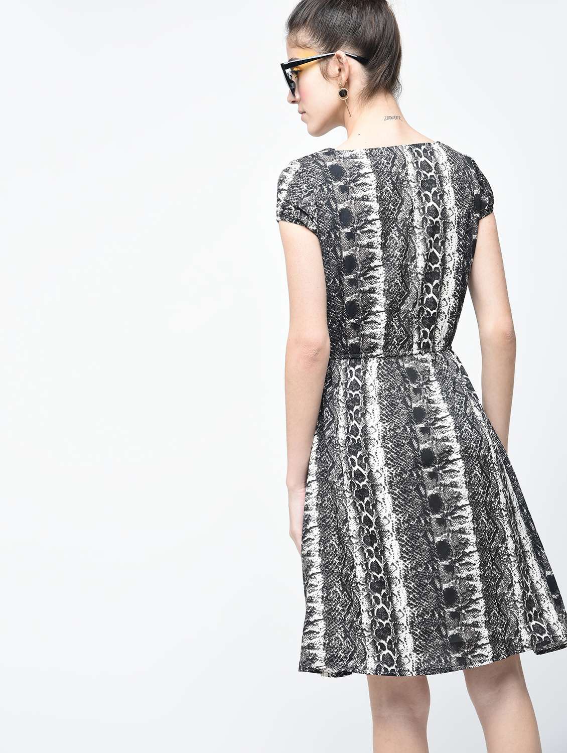 Black Georgette Snake Print Blouson Dress