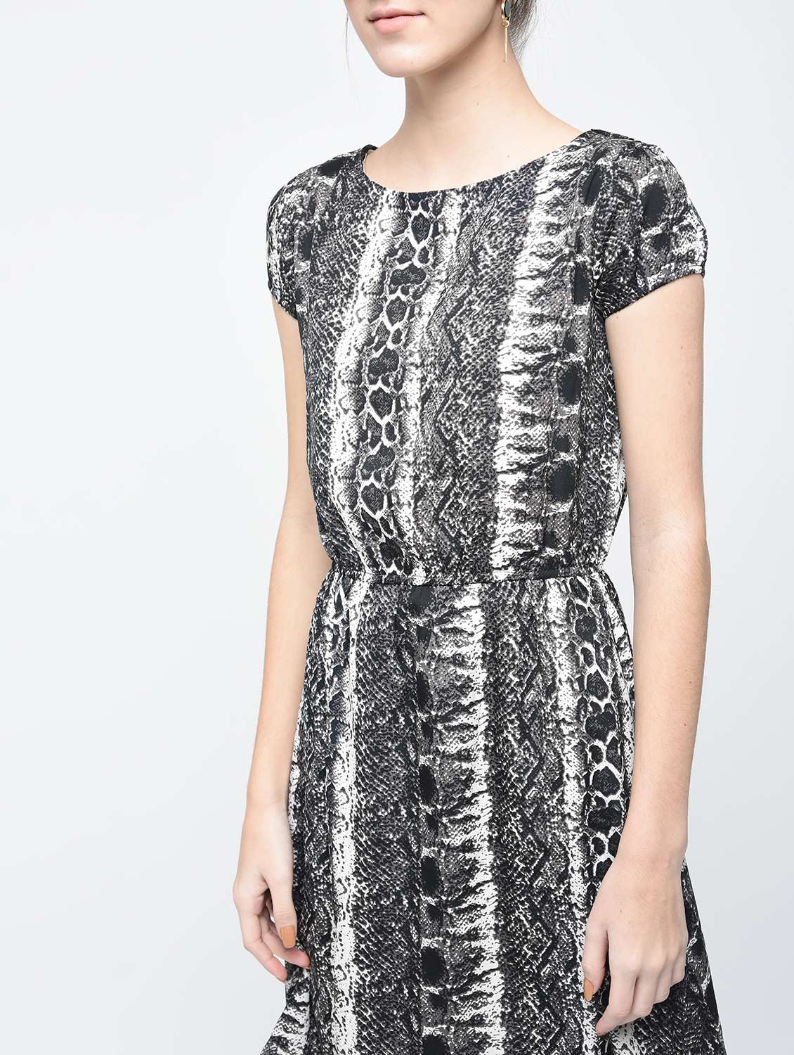 Black Georgette Snake Print Blouson Dress